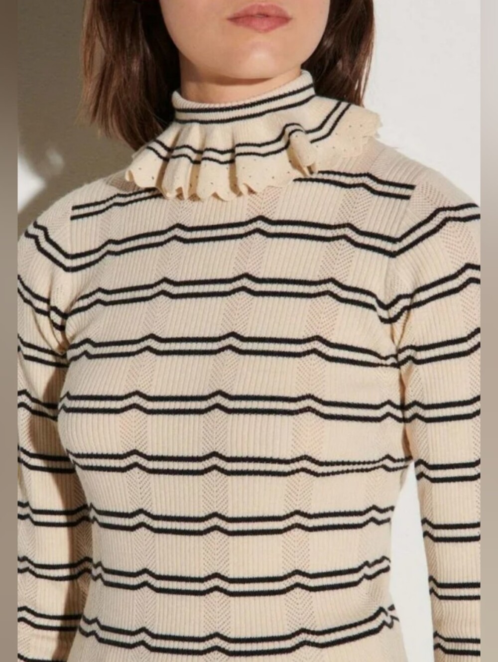 Sandro Cream and Black Striped Ruffle Turtleneck Sweater - XS